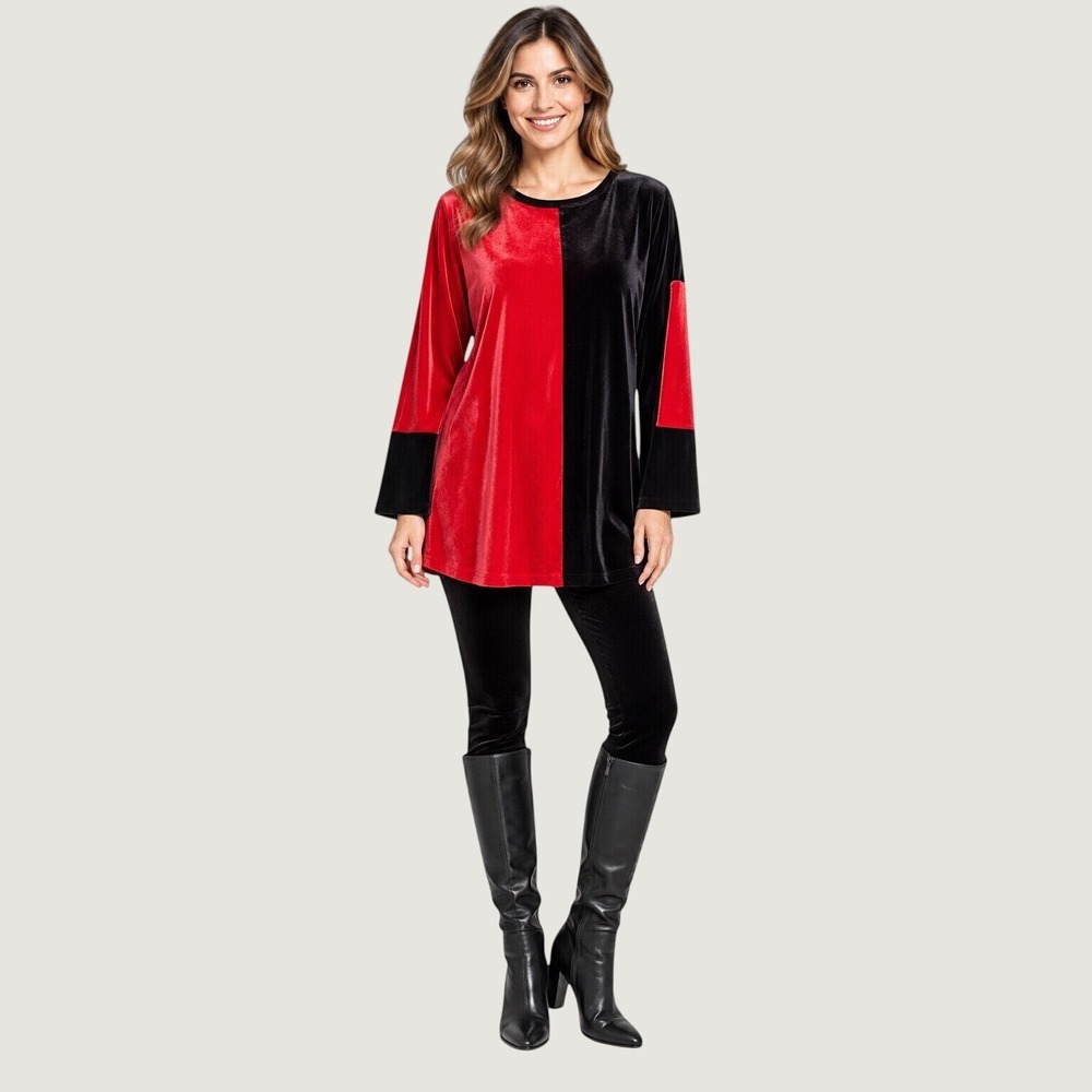 Jones New York Velvet Colorblock Tunic Women S Red Black Holiday Chic Oversized